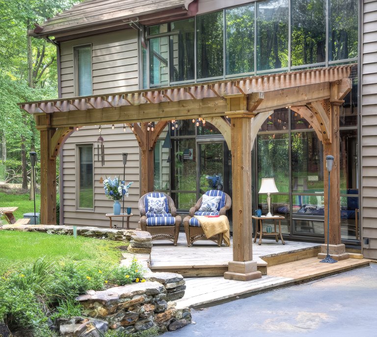 Santa Fe Wood Pergola in a New England backyard