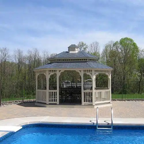 Oval Vinyl Gazebo in a New England backyard