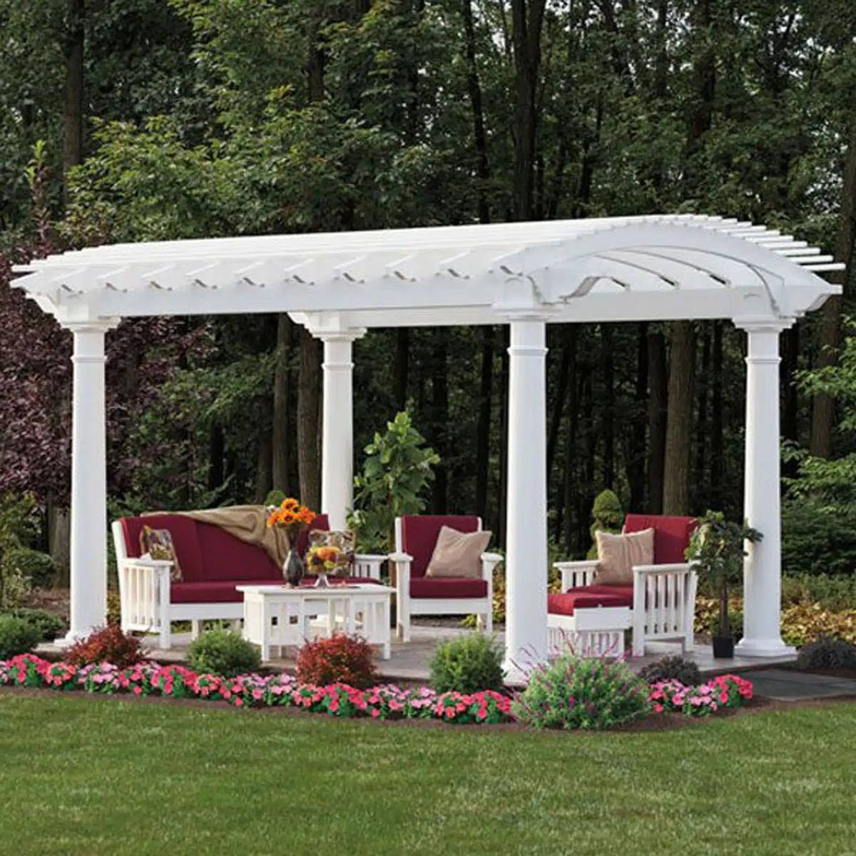 Arcadian Vinyl Pergola in a New England backyard