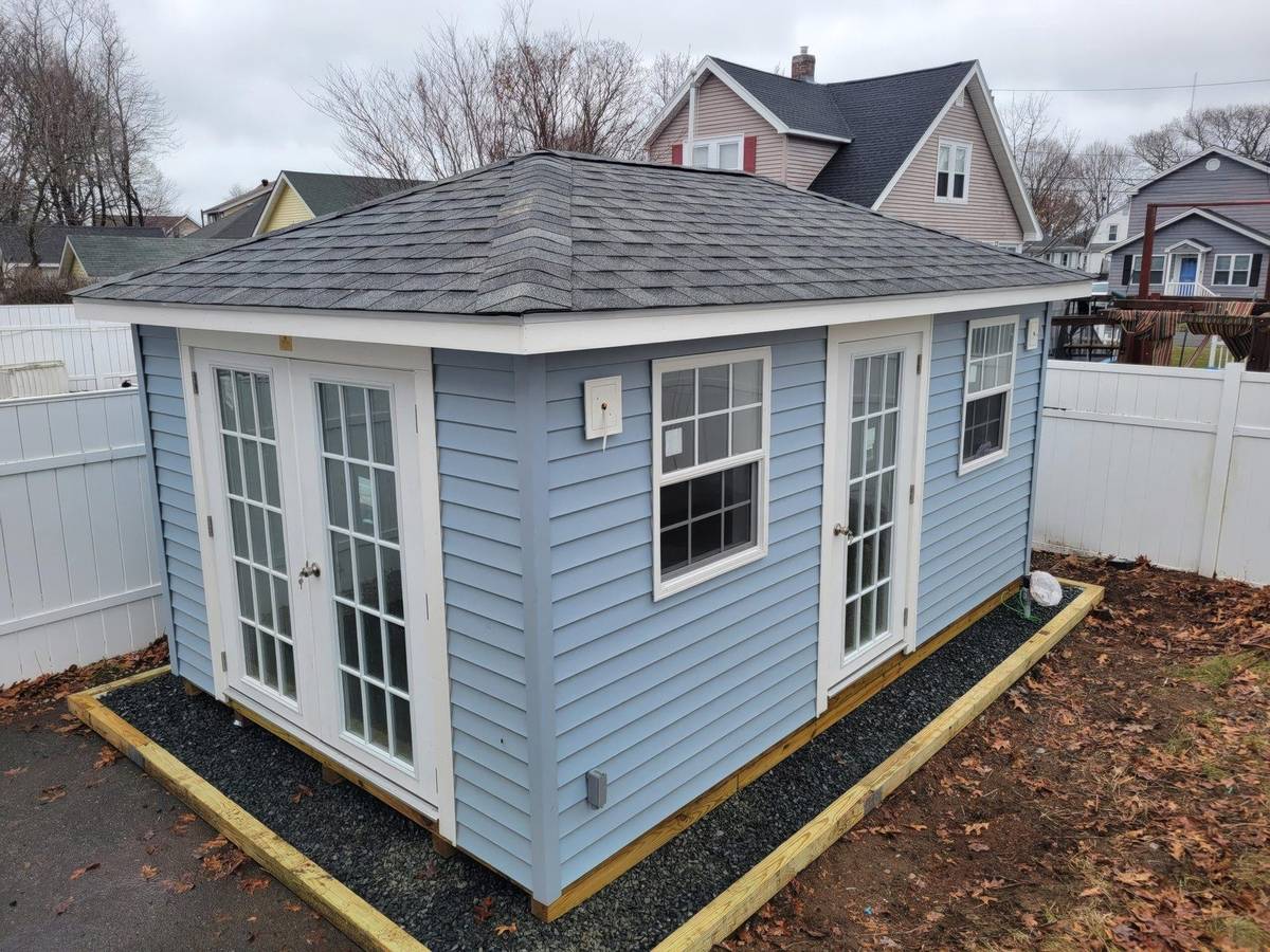 New England Villa shed — real Hometown Structures Villa photo, full shed