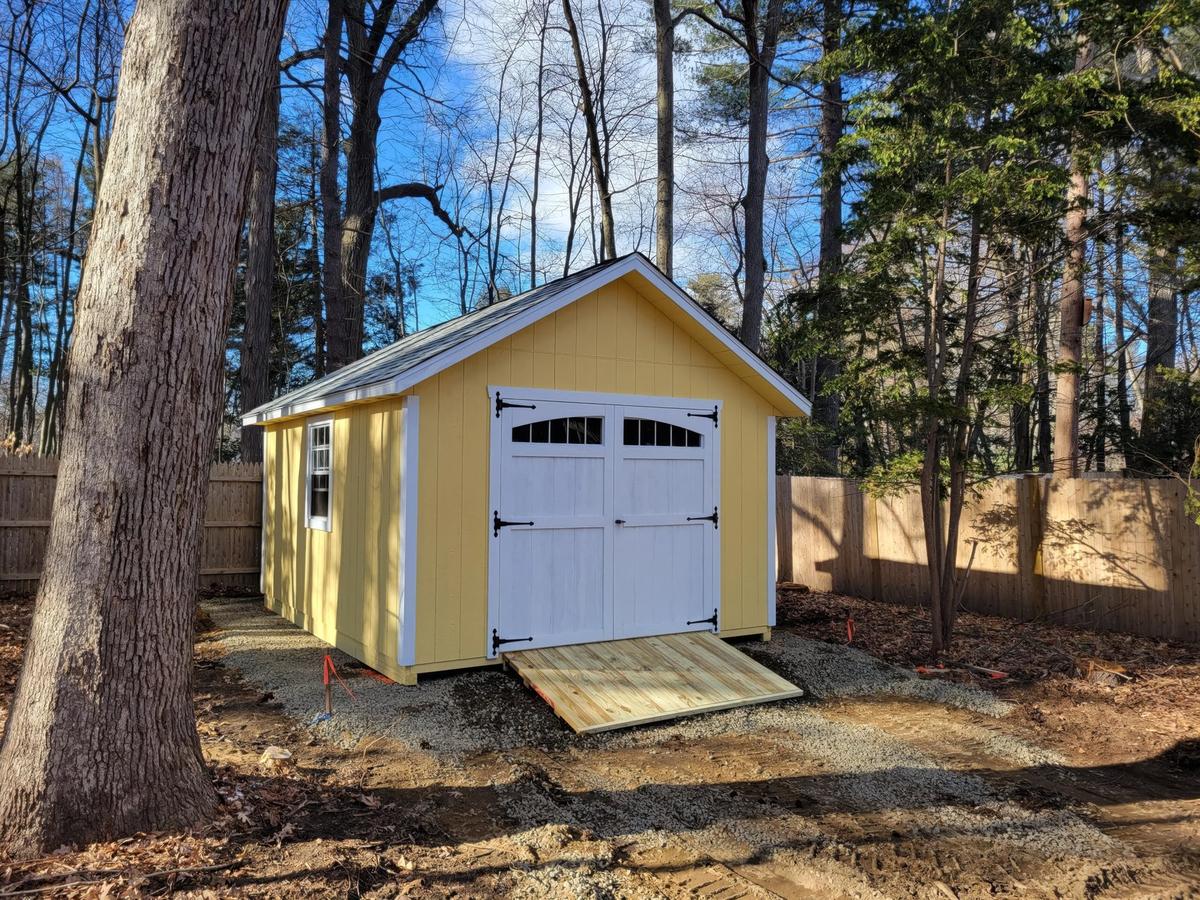 Keystone series storage shed in a Massachusetts backyard