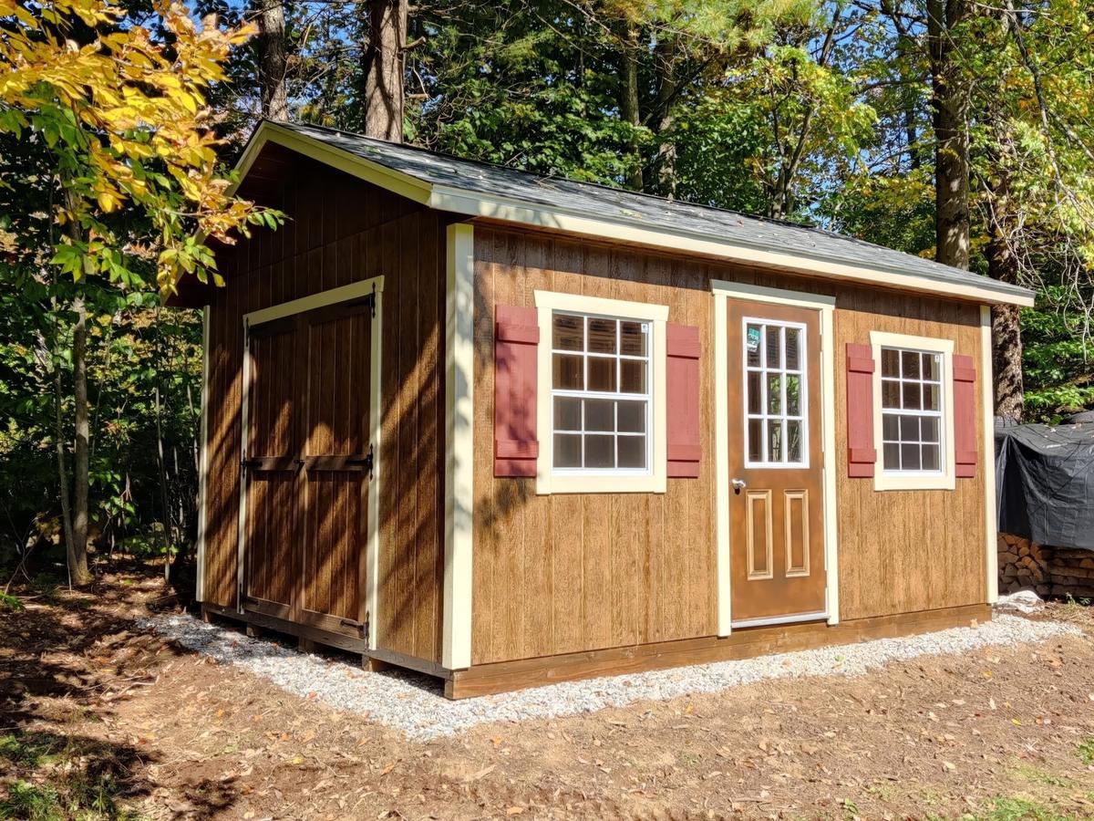 Keystone series storage shed on a stone pad foundation in Massachusetts